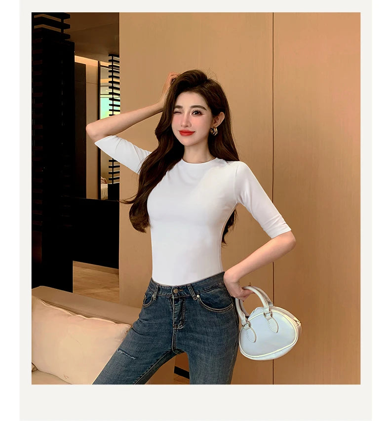 T-shirt en coton à manches moyennes pour femmes, col haut, intérieur mince, astronomique, manches moyennes, Y-Soft respirant