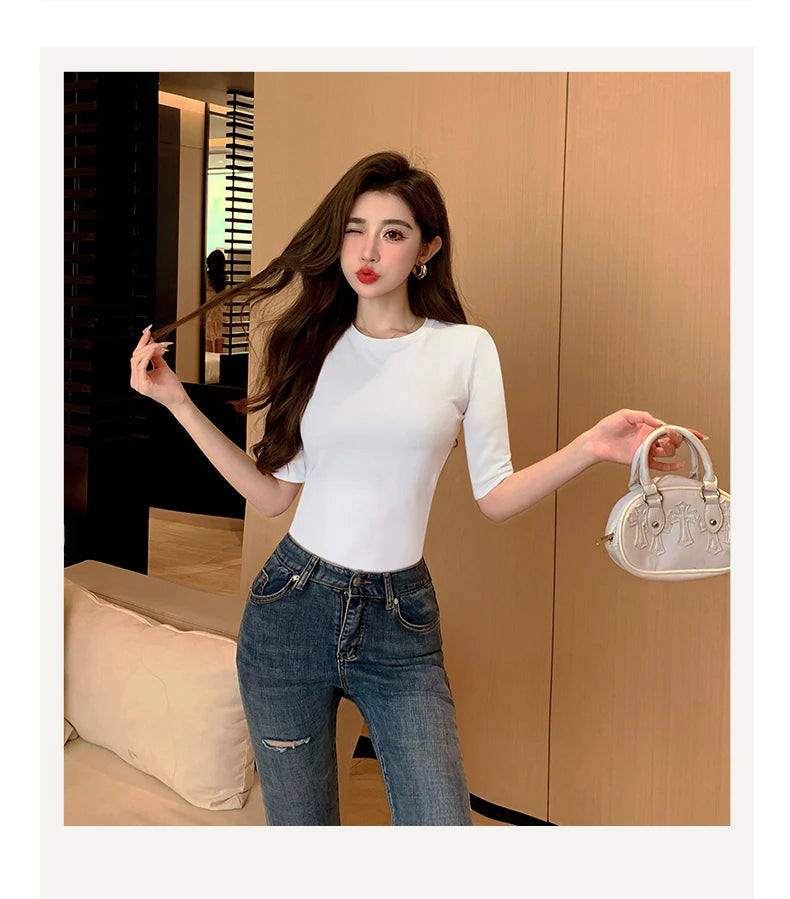 T-shirt en coton à manches moyennes pour femmes, col haut, intérieur mince, astronomique, manches moyennes, Y-Soft respirant