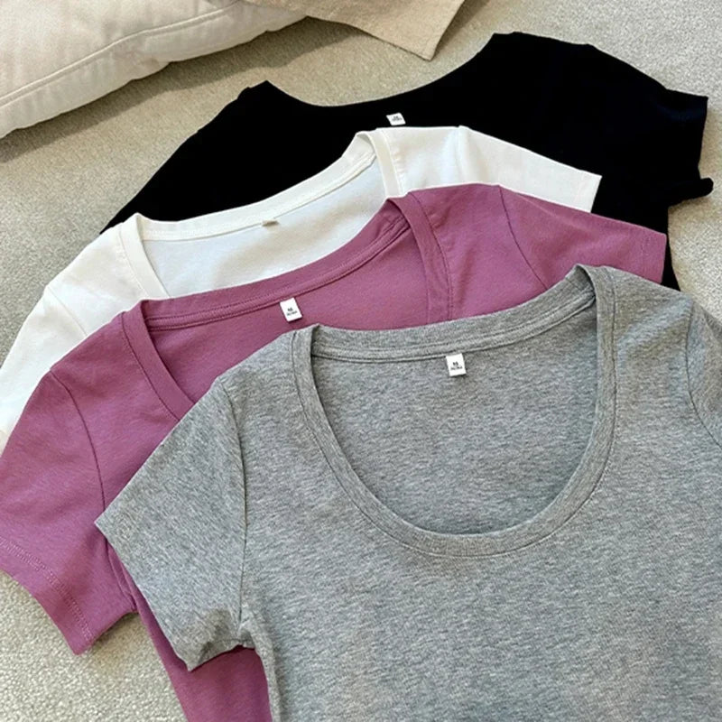 Femme 2025 été décontracté coton t-shirt pour femmes à manches courtes t-shirts mode femmes vêtements mince basique col rond Y2K t-shirt