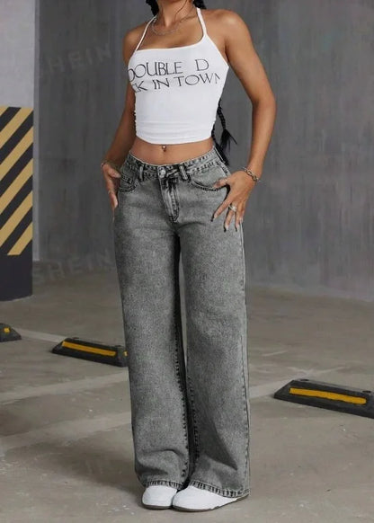 Jean pantalon droit femmes Denim lavé Jean pleine longueur maman broderie poches ample taille haute Vintage fermeture éclair mouche épissé