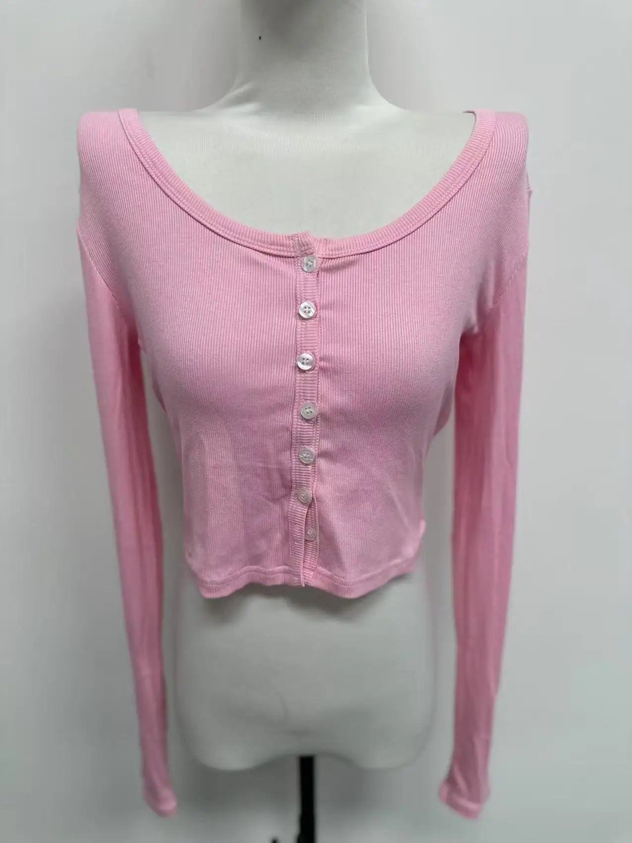 T-shirt à simple boutonnage à manches longues haut court couleur unie t-shirts pour femmes Streetwear coupe ajustée dame tenue Camisetas Ropa Mujer