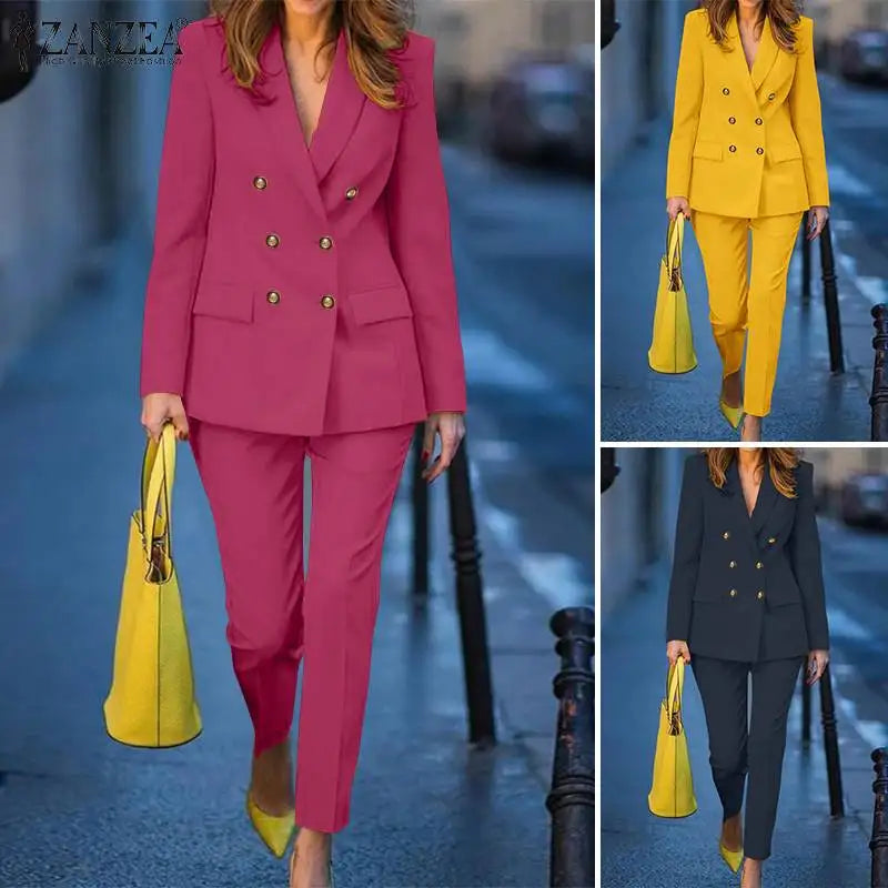 ZANZEA femmes mode 2 pièces Blazer costumes cranté revers à manches longues Blazer pantalon ensembles élégant bureau dame solide 2 pièces tenues