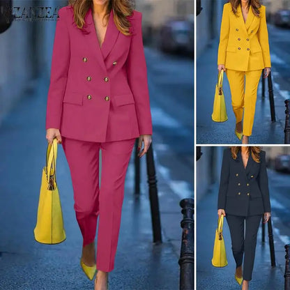 ZANZEA femmes mode 2 pièces Blazer costumes cranté revers à manches longues Blazer pantalon ensembles élégant bureau dame solide 2 pièces tenues