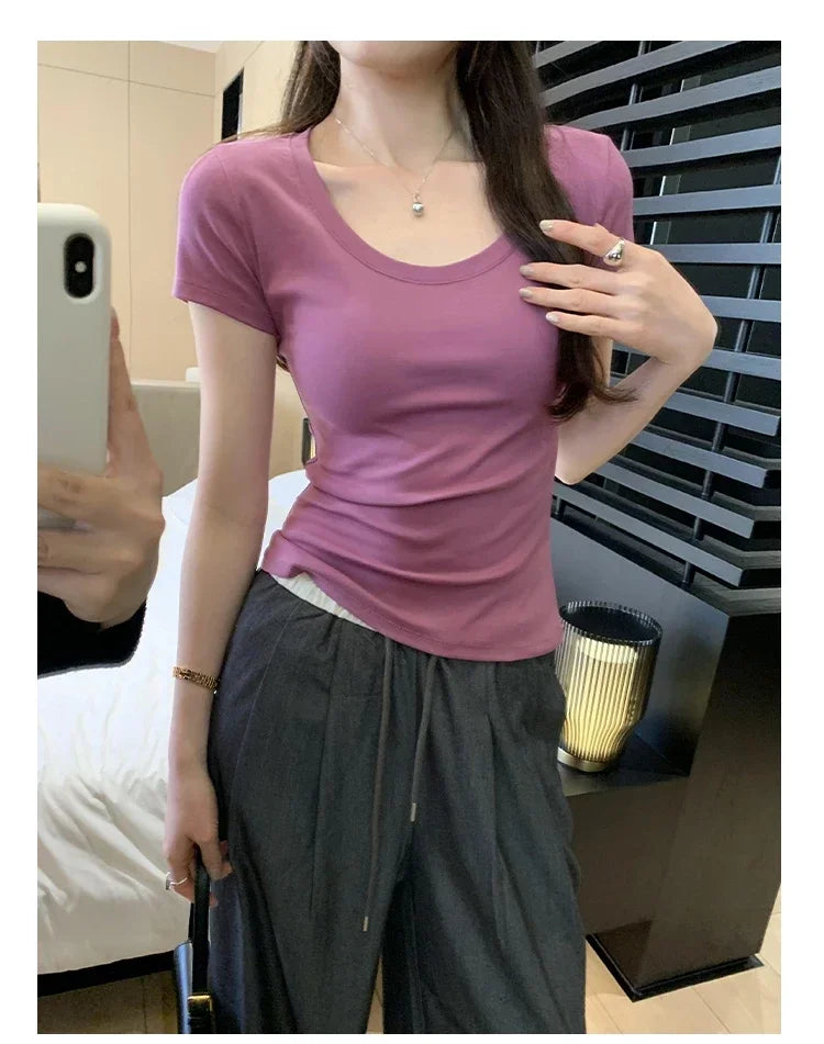 Femme 2025 été décontracté coton t-shirt pour femmes à manches courtes t-shirts mode femmes vêtements mince basique col rond Y2K t-shirt