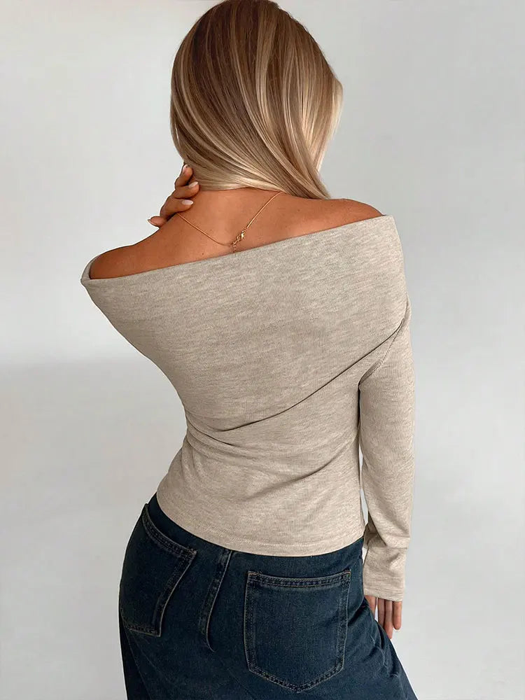 T-shirt femme automne nouveau Streetwear mode manches longues plis décontracté mince t-shirts solide Sexy épaules nues élégant femme T-shirt