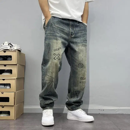 Jean rétro imprimé vieil délavé pour hommes, coupe ample, Micro-conique, petit pantalon droit, tendance de rue, printemps et automne
