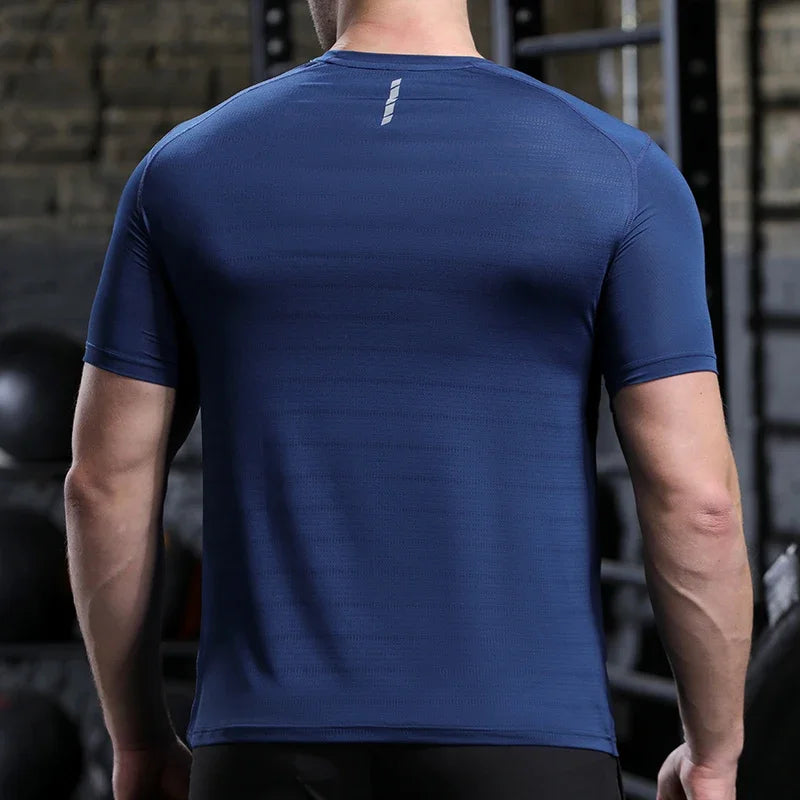 Hommes mince glace soie hauts course à manches courtes sport T-shirt gymnase Fitness entraînement musculaire sweat sec ajustement serré survêtements