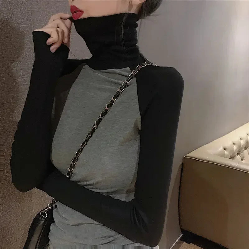 Femme t-shirts femmes col roulé printemps et automne coupe ajustée démon à manches longues rouge T-shirt haut court Mujer Camisetas