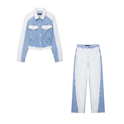 HH – costume en Denim Vintage pour femme, manteau à revers à manches longues et simple boutonnage + jean taille haute à jambes larges, ensemble de mode de rue, automne 2024