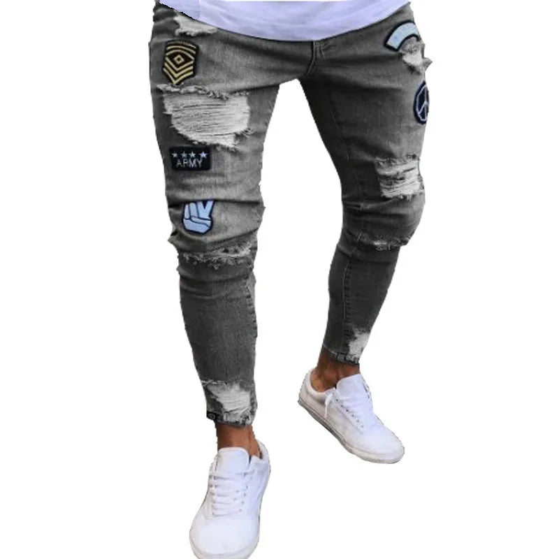 Nouveaux jeans brodés à grain fin pour hommes, pantalons en denim hip-hop coupe slim à trou élastique en coton, jeans décontractés pour hommes, pantalons de jogging