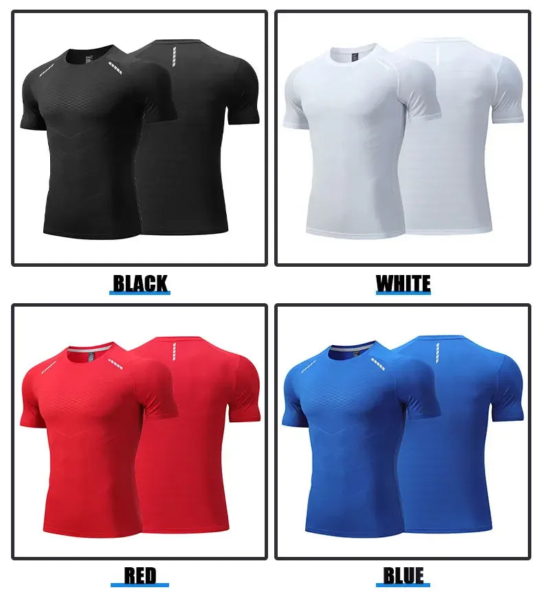Hommes mince glace soie hauts course à manches courtes sport T-shirt gymnase Fitness entraînement musculaire sweat sec ajustement serré survêtements