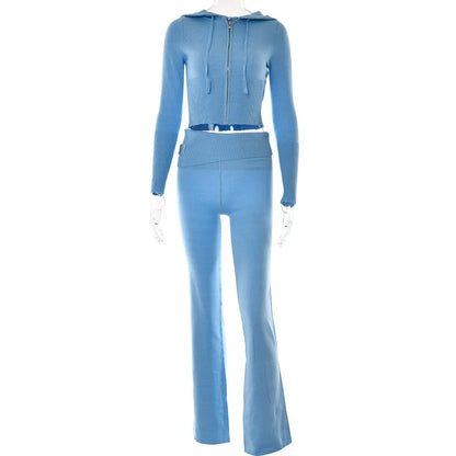 Ensemble tricoté 2 pièces pour femmes, survêtement à manches longues, fermeture éclair, pull à capuche, haut court, pantalon évasé, extensible, assorti, tenue