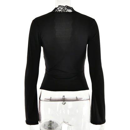 T-shirt en patchwork de dentelle pour femme, haut court sexy, manches évasées, col en V fin, précieux, streetwear pour femme, printemps, été, 2025