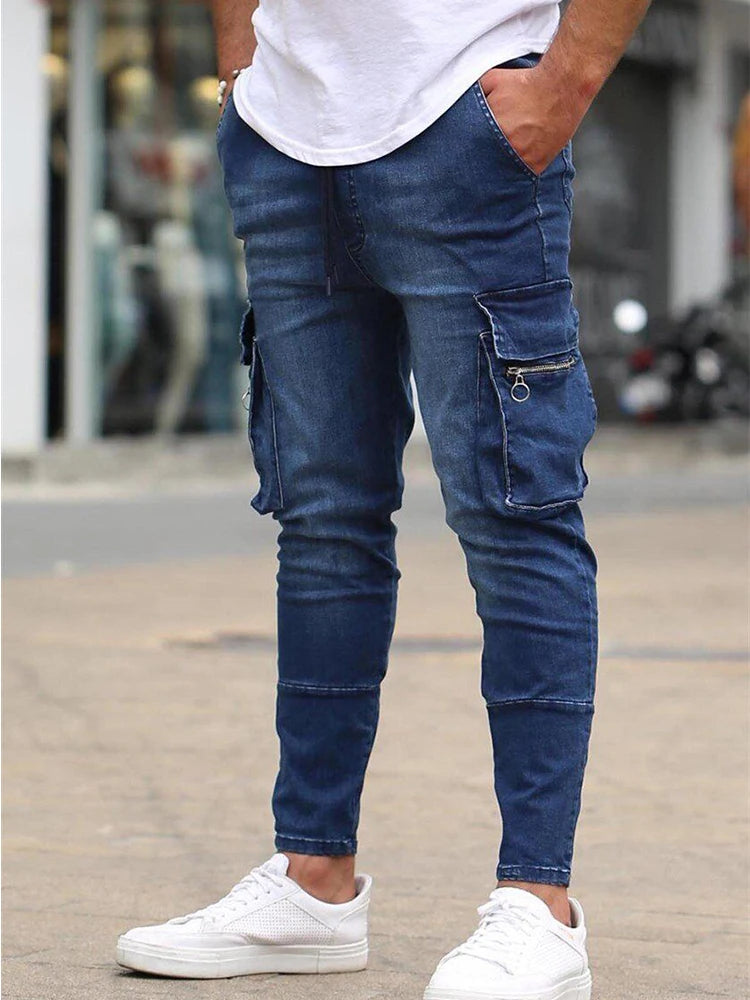 Jean homme Denim Cargo pantalon lavage couleur unie Multi poches décontracté taille moyenne pantalon rue Elasti coupe ajustée usage quotidien Joggers