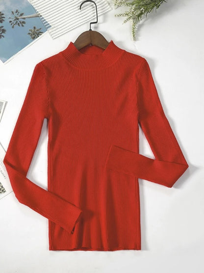 Nouveau en automne hiver femmes à manches longues tricoté col mi-haut côtelé Pull Pull doux chaud Femme Pull Pull vêtements