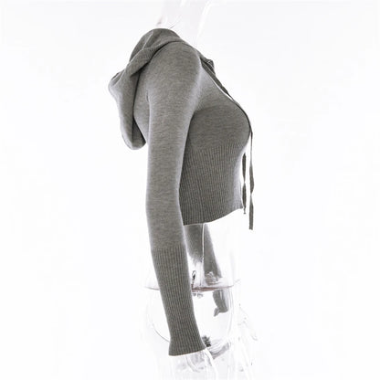 Tenue 2 pièces en tricot côtelé pour femmes, manches longues, fermeture éclair, coupe cintrée, haut court à capuche, pantalon Long élastique, ensemble survêtements Y2K