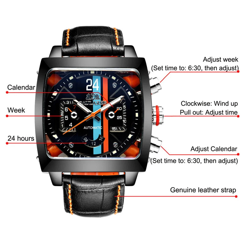 Montres de marque originale pour hommes, Design de luxe, montre mécanique carrée, bracelet en cuir, étanche, Date, semaine