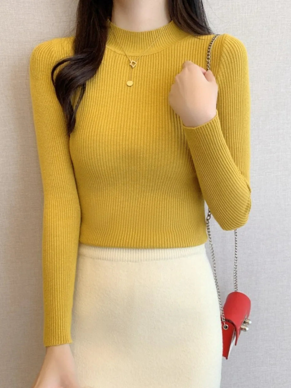 Nouveau en automne hiver femmes à manches longues tricoté col mi-haut côtelé Pull Pull doux chaud Femme Pull Pull vêtements