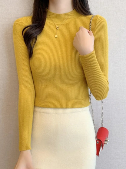 Nouveau en automne hiver femmes à manches longues tricoté col mi-haut côtelé Pull Pull doux chaud Femme Pull Pull vêtements