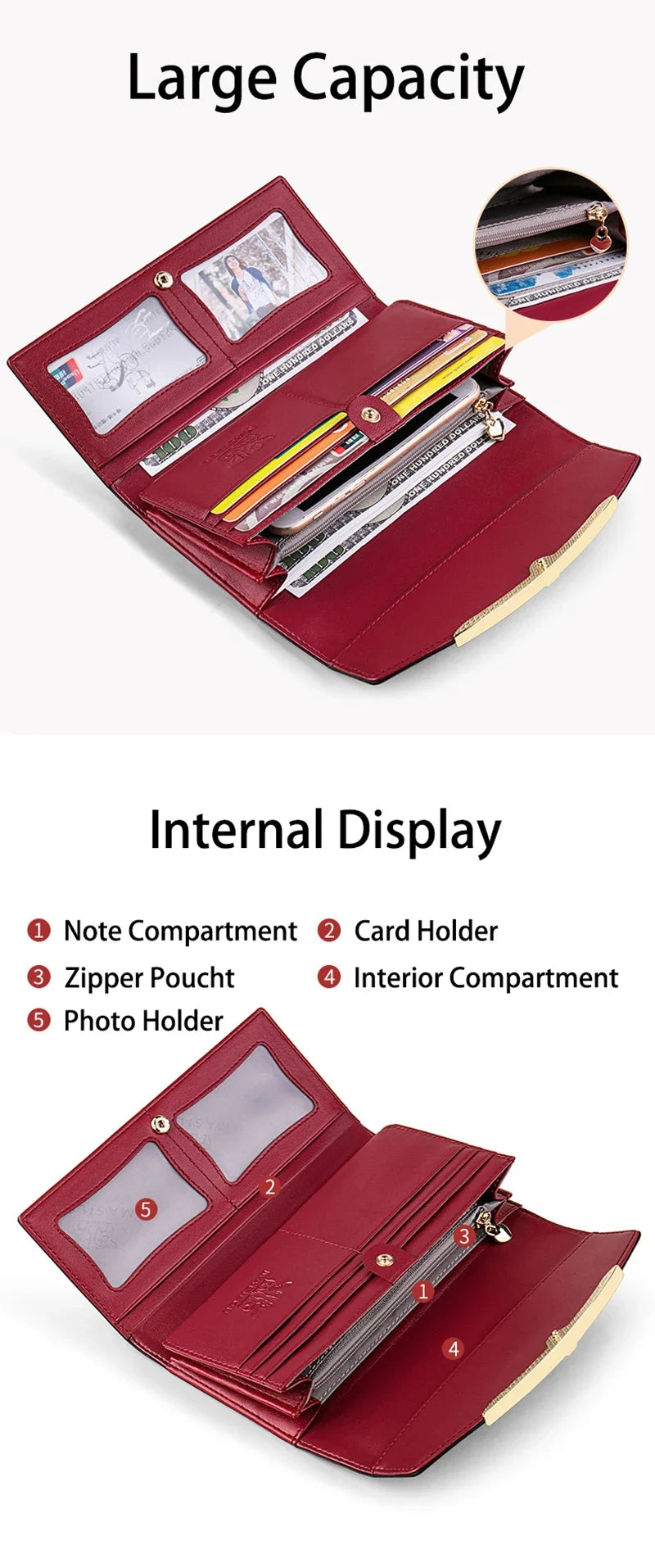 Portefeuilles en cuir véritable 	 Sacs à main de luxe pour femmes, porte-carte RFID, Long sac à main de bonne qualité, cadeau pour dames