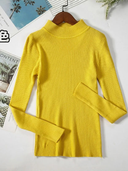 Nouveau en automne hiver femmes à manches longues tricoté col mi-haut côtelé Pull Pull doux chaud Femme Pull Pull vêtements