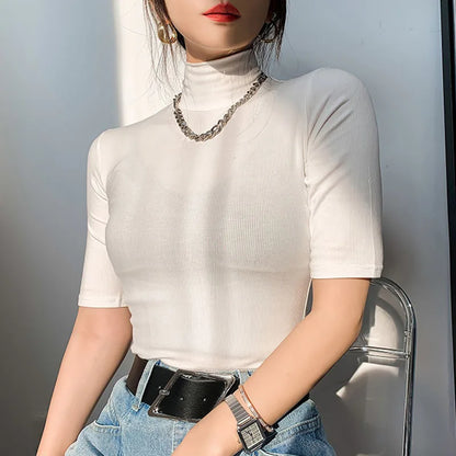 T-shirt col roulé manches courtes femme, basique, en coton, slim, décontracté, élastique, blanc