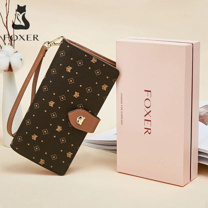 FOXER femmes Long portefeuille carte et porte-passeport élégant pochette dame monogramme PVC avec bracelet sac de téléphone portable femme porte-monnaie