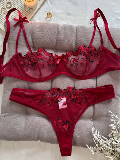 Nuit belle femmes Sexy 2 pièces broderie florale sous-vêtements Sexy lingerie érotique ensemble de sous-vêtements