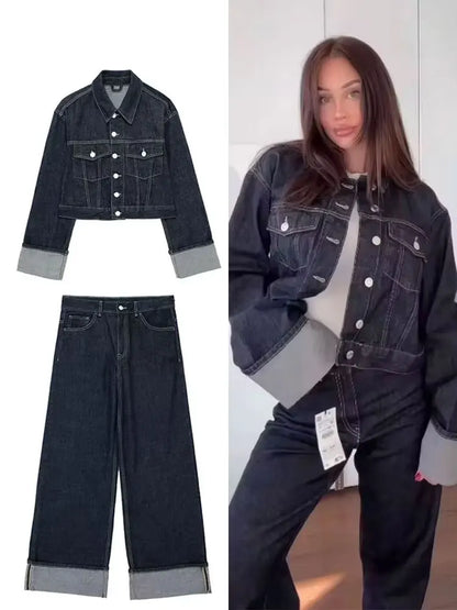 HH – costume en Denim Vintage pour femme, manteau à revers à manches longues et simple boutonnage + jean taille haute à jambes larges, ensemble de mode de rue, automne 2024