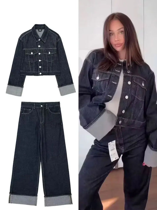 HH – costume en Denim Vintage pour femme, manteau à revers à manches longues et simple boutonnage + jean taille haute à jambes larges, ensemble de mode de rue, automne 2024