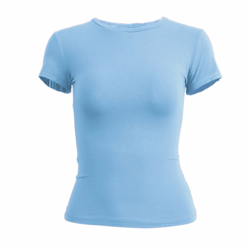Femme vêtements à manches courtes T-shirt coupe ajustée hauts femme col rond tricoté gaine T-shirt vêtements de rue sexe sportif 2024 Y2K New2410
