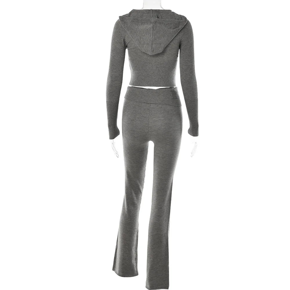 Ensemble tricoté 2 pièces pour femmes, survêtement à manches longues, fermeture éclair, pull à capuche, haut court, pantalon évasé, extensible, assorti, tenue