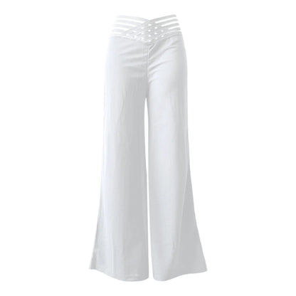 Pantalon évasé pour femmes, élégant, bureau, décontracté, taille haute, printemps été, solide, croisé, maille transparente, Patch, jambes larges