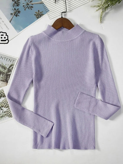 Nouveau en automne hiver femmes à manches longues tricoté col mi-haut côtelé Pull Pull doux chaud Femme Pull Pull vêtements