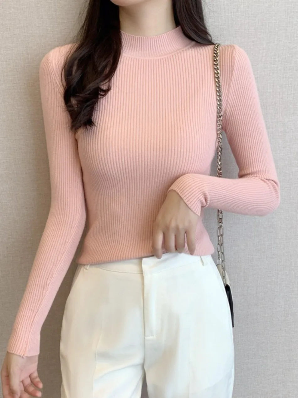 Nouveau en automne hiver femmes à manches longues tricoté col mi-haut côtelé Pull Pull doux chaud Femme Pull Pull vêtements