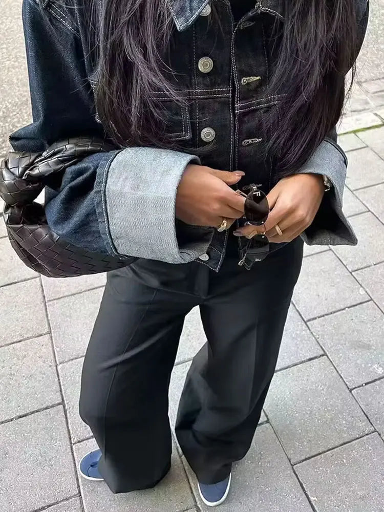 HH – costume en Denim Vintage pour femme, manteau à revers à manches longues et simple boutonnage + jean taille haute à jambes larges, ensemble de mode de rue, automne 2024