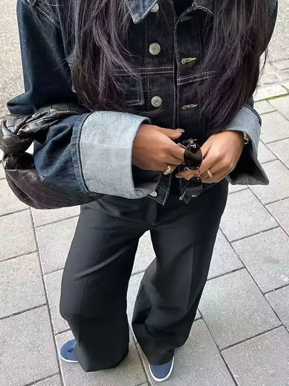 HH – costume en Denim Vintage pour femme, manteau à revers à manches longues et simple boutonnage + jean taille haute à jambes larges, ensemble de mode de rue, automne 2024