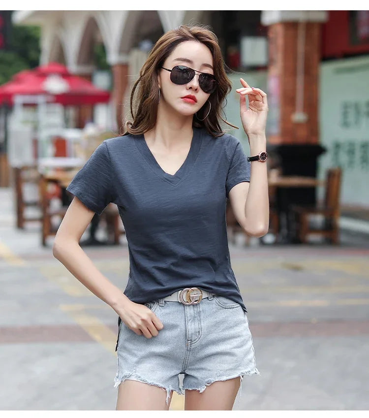 T-Shirt pour femmes 2025 été hauts basique solide coton T-Shirt décontracté Femme vêtements col en v t-shirts à manches courtes T-Shirt Femme