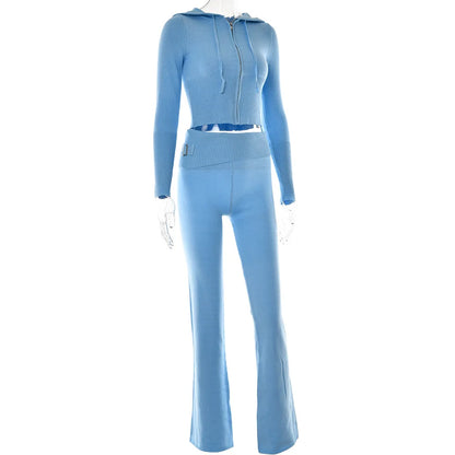 Ensemble tricoté 2 pièces pour femmes, survêtement à manches longues, fermeture éclair, pull à capuche, haut court, pantalon évasé, extensible, assorti, tenue