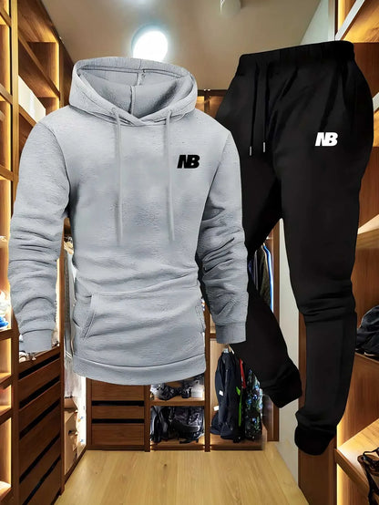 Ensemble deux pièces sportif pour hommes, sweat à capuche et pantalon, logo gris noir, coupe régulière non extensible avec poches pour l'automne/hiver