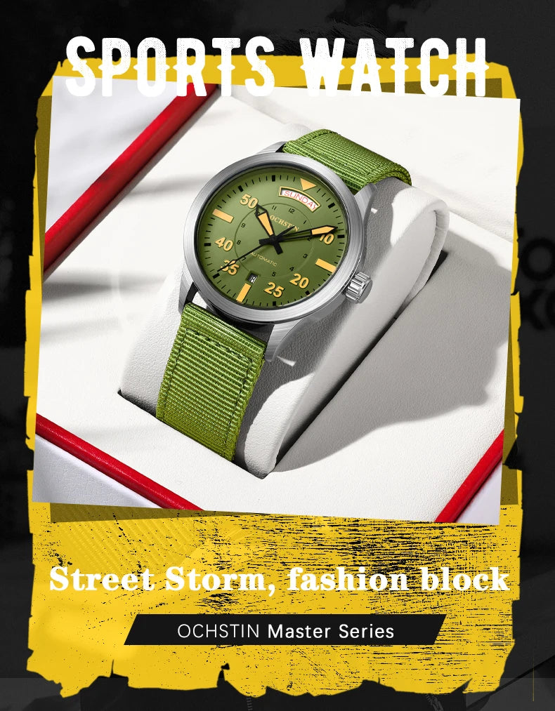 OCHSTIN hommes mode luxe mécanique automatique Date semaine montre couverture arrière transparente Design créatif avec cadran calendrier vert