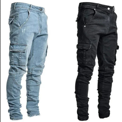 Jean en Denim élastique pour hommes, couleur unie, pantalon Cargo multi-poches, décontracté, coupe cintrée, usage quotidien, jogging, taille moyenne