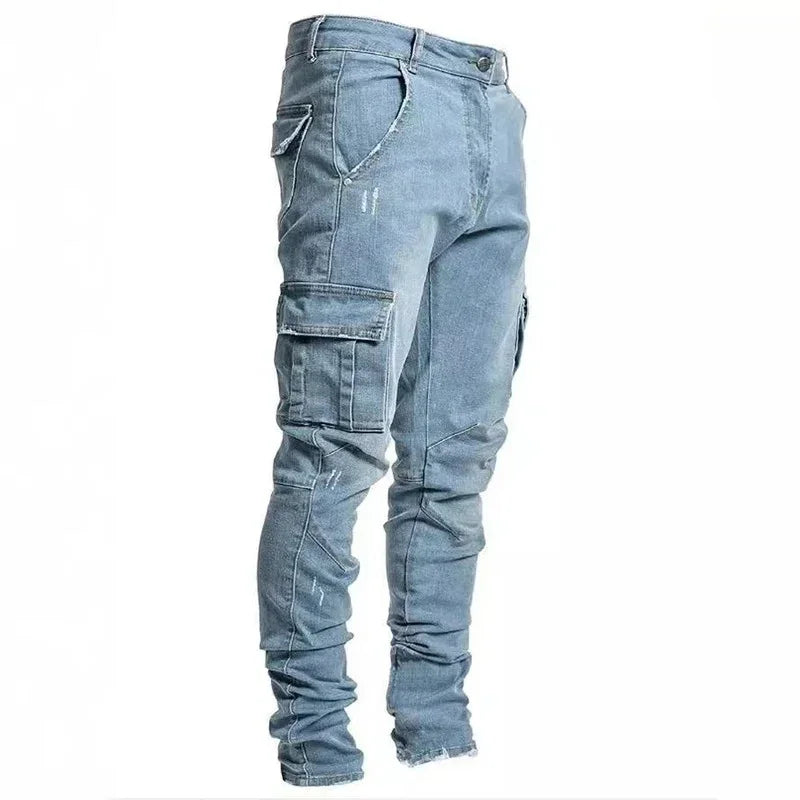 Jean en Denim élastique pour hommes, couleur unie, pantalon Cargo multi-poches, décontracté, coupe cintrée, usage quotidien, jogging, taille moyenne