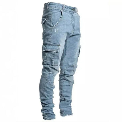 Jean en Denim élastique pour hommes, couleur unie, pantalon Cargo multi-poches, décontracté, coupe cintrée, usage quotidien, jogging, taille moyenne