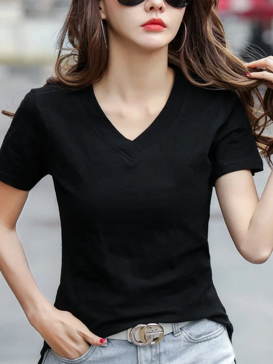 T-Shirt pour femmes 2025 été hauts basique solide coton T-Shirt décontracté Femme vêtements col en v t-shirts à manches courtes T-Shirt Femme