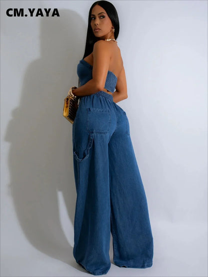 CM.YAYA – ensemble en Denim pour femmes, haut court sans bretelles et pantalon en jean à jambes larges, ensemble deux pièces de rue, survêtement, 2024