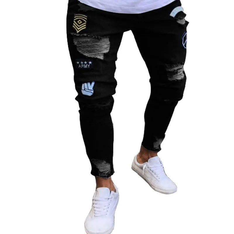 Nouveaux jeans brodés à grain fin pour hommes, pantalons en denim hip-hop coupe slim à trou élastique en coton, jeans décontractés pour hommes, pantalons de jogging