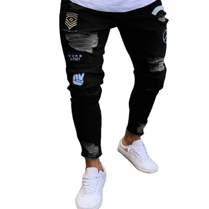Nouveaux jeans brodés à grain fin pour hommes, pantalons en denim hip-hop coupe slim à trou élastique en coton, jeans décontractés pour hommes, pantalons de jogging
