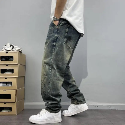 Jean rétro imprimé vieil délavé pour hommes, coupe ample, Micro-conique, petit pantalon droit, tendance de rue, printemps et automne