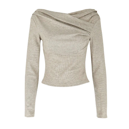 T-shirt femme automne nouveau Streetwear mode manches longues plis décontracté mince t-shirts solide Sexy épaules nues élégant femme T-shirt